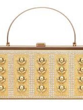 Luxury Gold Crystal Embellished Top-Handle Evening Clutch w/Chain, Floral Detail